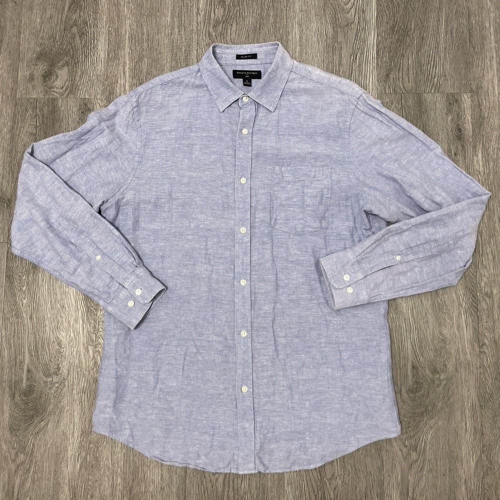 Banana Republic Shirt Mens Large Blue Linen Slim Fit Button Up Long Sleeve